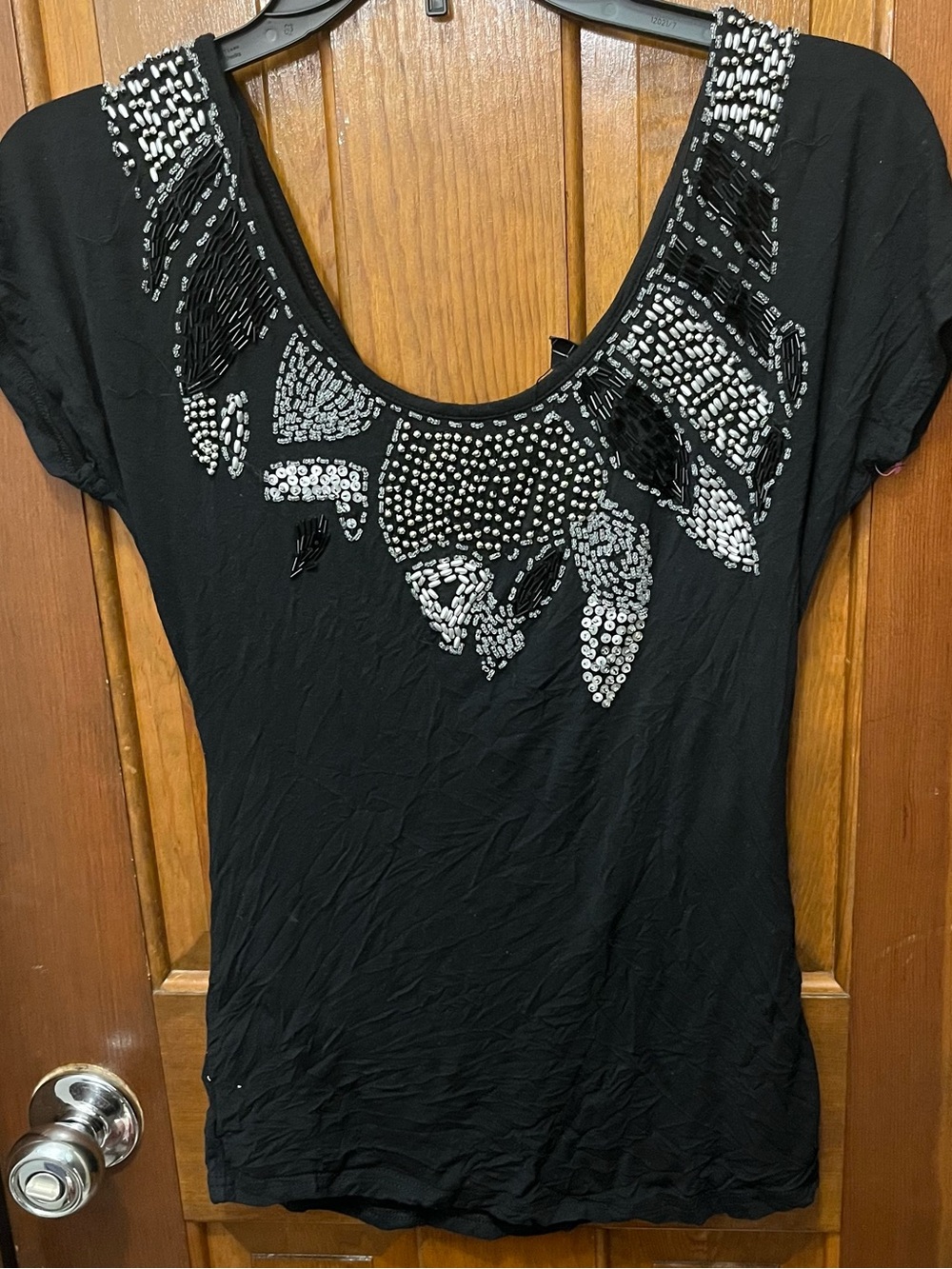 BKE Black Short Sleeve Scoop Neck Top with Silver Bead Embellishment